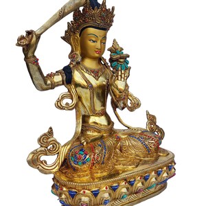 13 inches Height, Manjushree, Buddhist Handmade Statue, Face Painted, Gold Plated, Stone Setting image 4