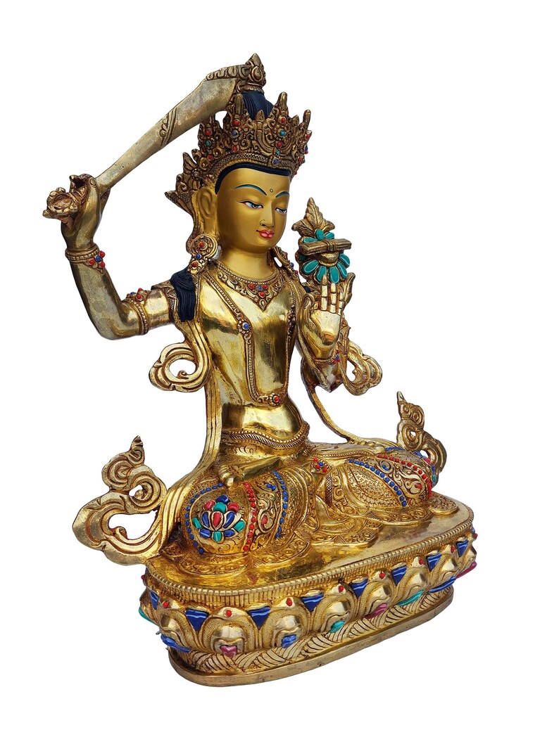 13 inches Height, Manjushree, Buddhist Handmade Statue, Face Painted, Gold Plated, Stone Setting image 4