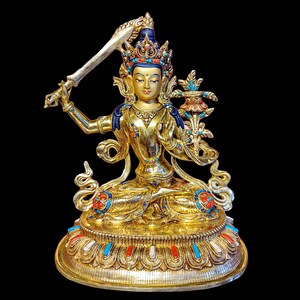 9.4 Inches Height, Manjushri, High Quality, Buddhist Handmade Statue, Face Painted, Gold Plated And Stone Setting image 1