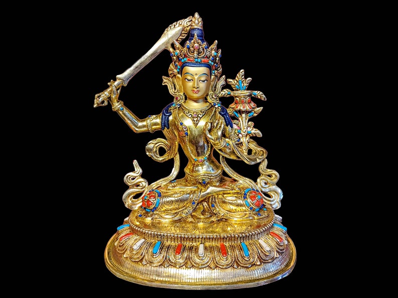 9.4 Inches Height, Manjushri, High Quality, Buddhist Handmade Statue, Face Painted, Gold Plated And Stone Setting image 1