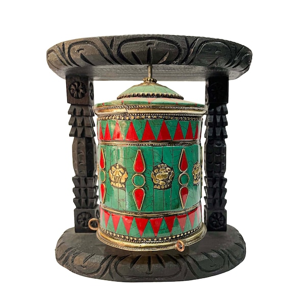 8 inch, Wall Prayer Wheel With Mantra Inside, with Carved Mantra, Stone Setting, Wall Mountable