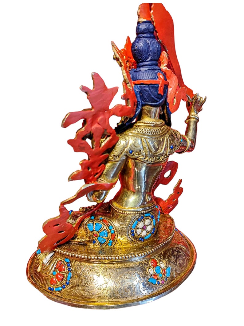 9.4 Inches Height, Manjushri, High Quality, Buddhist Handmade Statue, Face Painted, Gold Plated And Stone Setting image 8