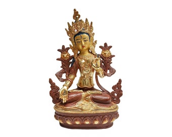 13''inch White Tara Statue, High Quality, Buddhist Handmade Statue Of White Tara, Face Painted, Gold Plated, Stone Setting