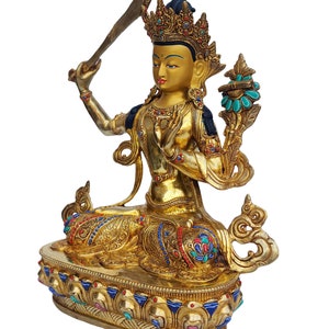 13 inches Height, Manjushree, Buddhist Handmade Statue, Face Painted, Gold Plated, Stone Setting image 5