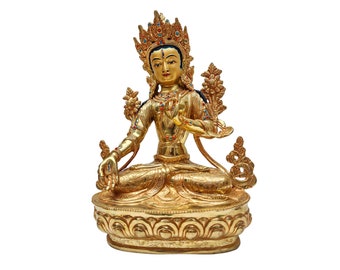 13" inches, White Tara, Buddhist Handmade Statue, Full Gold Plated, With Face Painted