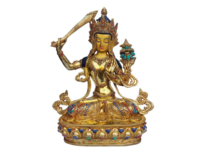 13 inches Height, Manjushree, Buddhist Handmade Statue, Face Painted, Gold Plated, Stone Setting image 1