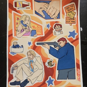 May include: A sticker sheet featuring various illustrations including a person on a phone, a person holding a shotgun, a person in a bathtub, a bee, and signs with text reading Save the Birds, Smog Kills, and Clean Air Now on an orange swirl background.