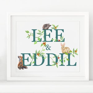 Baby name print, nursery picture, personalised baby name gift, animal nursery art in the UK