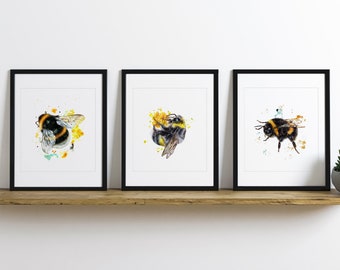 Conjunto de 3 impresiones de abejas en el Reino Unido, arte de pared de dibujo de abejas enmarcado, regalo para los amantes de las abejas, arte moderno de insectos, imagen de abejorros