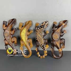 4er Set Gecko Wandbehang, Wandkunst, Holzmaske Dekor, Gecko Kunst, Wanddekoration, Eidechse, Vintage Dekoration, Antike Maske, handgefertigt,Kunstskulptur