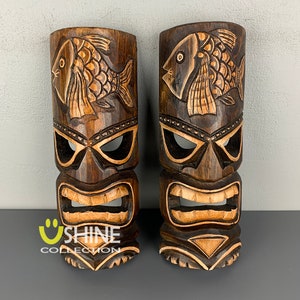 Set Of 2 Vintage Wooden Tiki Mask,Wall Decor,Wall Hanging,Wood Carving,Patio Decor,Tribal Mask,Art,African Wall Mask,Tropical Decor,Totem