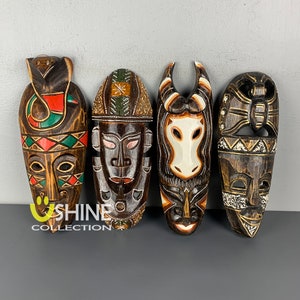 Set of 4 African Wall Decor,Wooden Mask Wall Hanging,Tribal Mask,Home Decor,Hand Painted Mask,Colorful Mask,Figure,Wood Sculpture,Antique