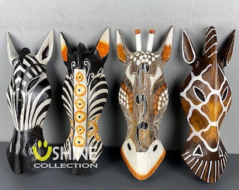 One Set Giraffe Zebra Decor,African Tribal Mask,Wall Hanging,Handcrafted Gift,Animal Mask,Leopard,Vintage Decoration,Wood Carving,Wall Art