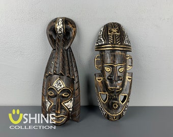 One Set African Wall Decor,Wooden Mask Wall Hanging,Tribal Mask,Home Decor,Hand Painted,Colorful Mask,Wood Figure,Wood Art Sculpture,Antique