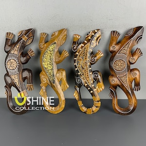 Set von 4 Gecko Wandbehang,Wandkunst,Holzmaske Dekor,Gecko Kunst,Wand-Dekor,Eidechse,Vintage Dekoration,Antike Maske,handgemacht,Kunst Skulptur