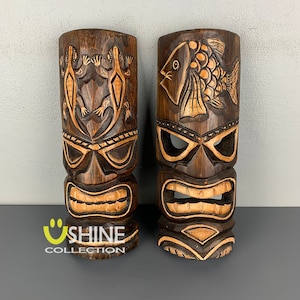 Set Of 2 Vintage Wooden Tiki Mask,Wall Decor,Wall Hanging,Wood Carving,Patio Decor,Tribal Mask,Art,African Wall Mask,Tropical Decor,Totem