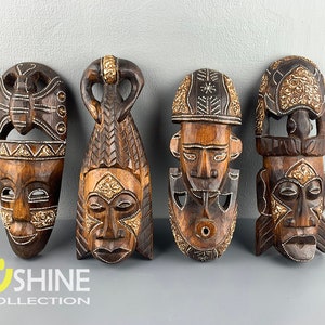 Set of 4 African Wall Decor,Wooden Mask Wall Hanging,Tribal Mask,Home Decor,Hand Painted Mask,Colorful Mask,Figure,Wood Sculpture,Antique