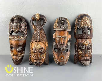 Set of 4 African Wall Decor,Wooden Mask Wall Hanging,Tribal Mask,Home Decor,Hand Painted Mask,Colorful Mask,Figure,Wood Sculpture,Antique