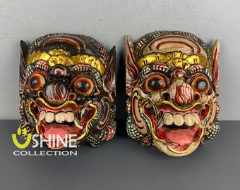 Set van 2 antiek muurmasker, vintage masker, Balinees barong-masker, woondecoratie, Indonesisch, handgeschilderd houten masker, houten sculptuur, houten figuur