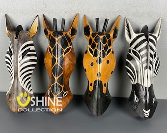 One Set Giraffe Zebra Decor,African Tribal Mask,Wall Hanging,Handcrafted Gift,Animal Mask,Leopard,Vintage Decoration,Wood Carving,Wall Art