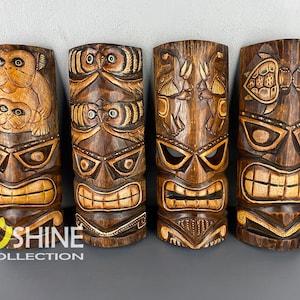 Set of 4 Handmade Tiki Wood Mask Totem Tropical Decor