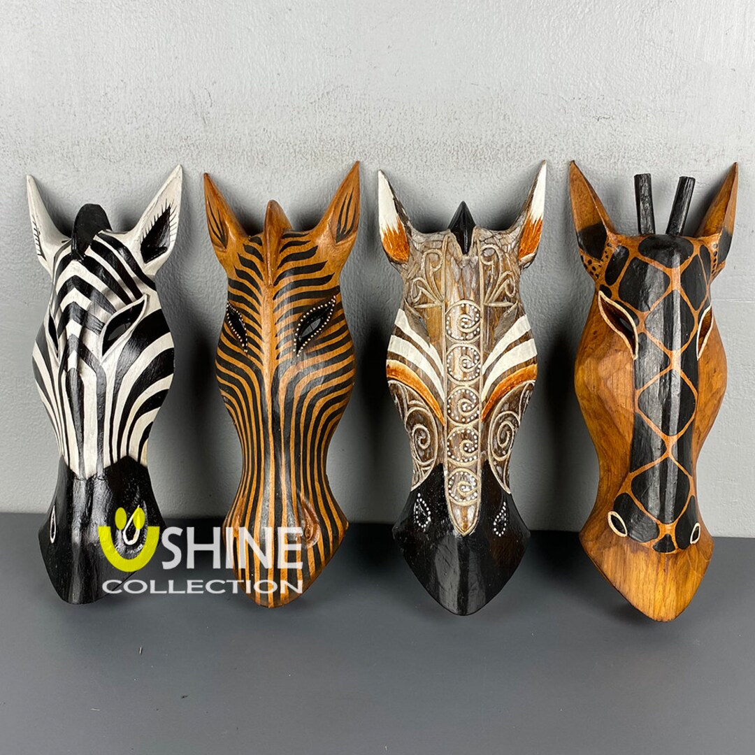 Set of 4 Vintage Zebra Wall Mask,tribal,african Wall Decor,wall Hanging