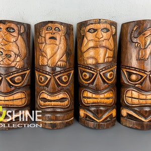 Set of 4 Handmade Tiki Wood Mask Totem Tropical Decor