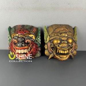 Set of 2 Antique Wall Mask,Vintage Mask,Balinese Barong Mask,Home Decoration,Indonesian Wall Mask,Hand painted Mask,Wood Sculpture,Figure