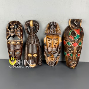 Set of 4 African Wall Decor,Wooden Mask Wall Hanging,Tribal Mask,Home Decor,Hand Painted Mask,Colorful Mask,Figure,Wood Sculpture,Antique