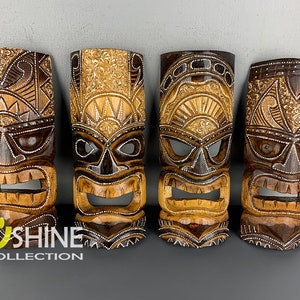 Set of 4 Handmade Tiki Wood Mask Totem Tropical Decor