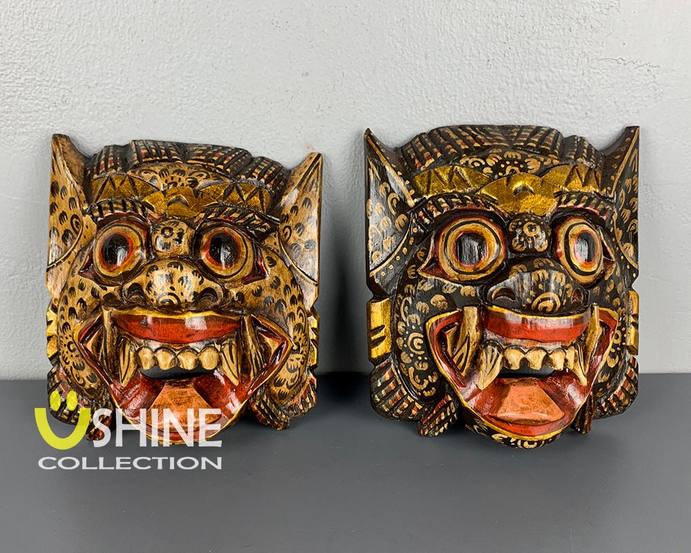 Set van 2 antiek muurmasker, vintage masker, Balinees barong-masker, woondecoratie, Indonesisch masker, handgeschilderd houten masker, houten sculptuur, figuur