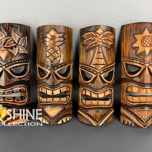 Set of 4 Handmade Tiki Wood Mask Totem Tropical Decor