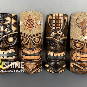 Set of 4 Handmade Tiki Wood Mask Totem Tropical Decor