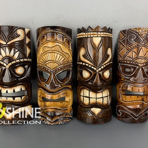 Set of 4 Handmade Tiki Wood Mask Totem Tropical Decor