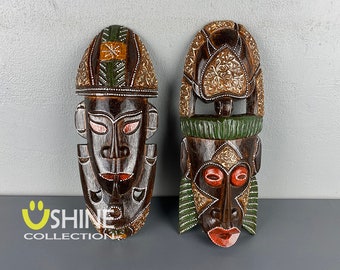 One Set African Wall Decor,Wooden Mask Wall Hanging,Tribal Mask,Home Decor,Hand Painted,Colorful Mask,Wood Figure,Wood Art Sculpture,Antique