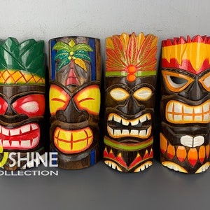 Set of 4 Handmade Tiki Wood Mask Totem Tropical Decor