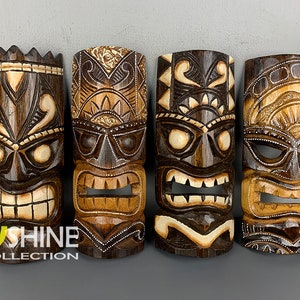 Set of 4 Handmade Tiki Wood Mask Totem Tropical Decor
