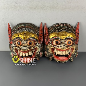 Set of 2 Antique Wall Mask,Vintage Mask,Balinese Barong Mask,Home Decoration,Indonesian Wall Mask,Hand painted Mask,Wood Sculpture,Figure