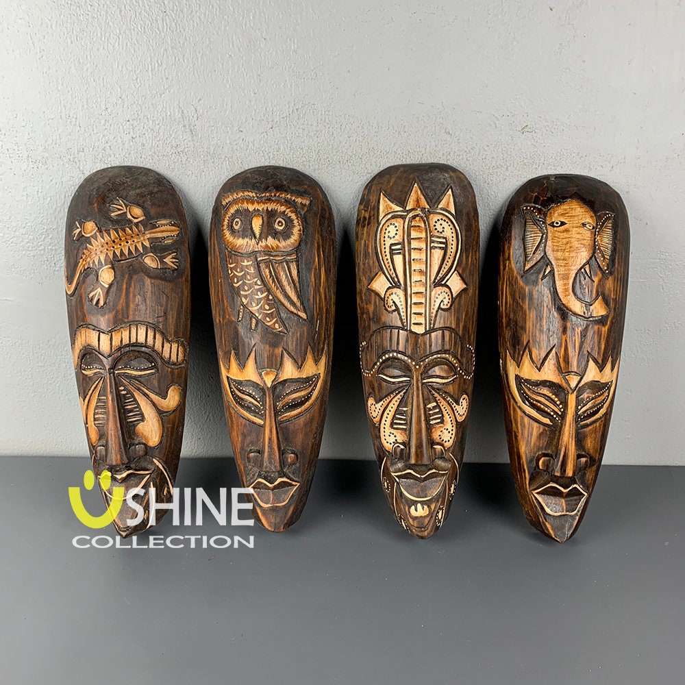 Set of 4 African Wall Decor,Wooden Mask Wall Hanging,Tribal Mask,Home Decor,Hand Painted Mask,Colorful Mask,Figure,Wood Sculpture,Antique
