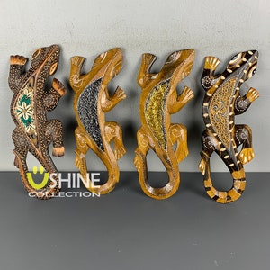 4er Set Gecko Wandbehang, Wandkunst, Holzmaske Dekor, Gecko Kunst, Wanddekoration, Eidechse, Vintage Dekoration, Antike Maske, handgefertigt,Kunstskulptur