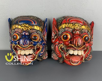 Set van 2 antiek muurmasker, vintage masker, Balinees barong-masker, woondecoratie, Indonesisch, handgeschilderd houten masker, houten sculptuur, houten figuur