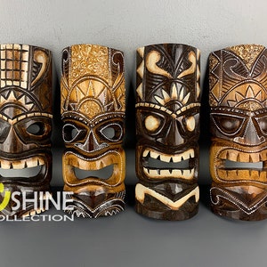Set of 4 Handmade Tiki Wood Mask Totem Tropical Decor