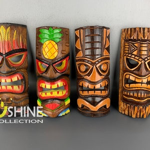 Set of 4 Handmade Tiki Wood Mask Totem Tropical Decor