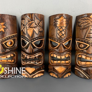 Set of 4 Handmade Tiki Wood Mask Totem Tropical Decor