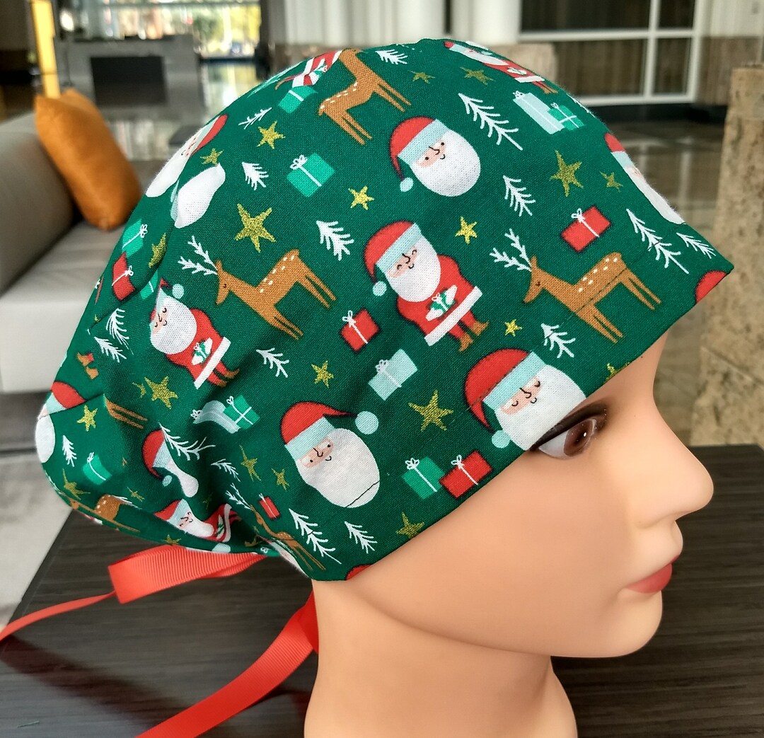 Santa and Reindeer Christmas Scrub Cap Euro Style With Ribbon Etsy