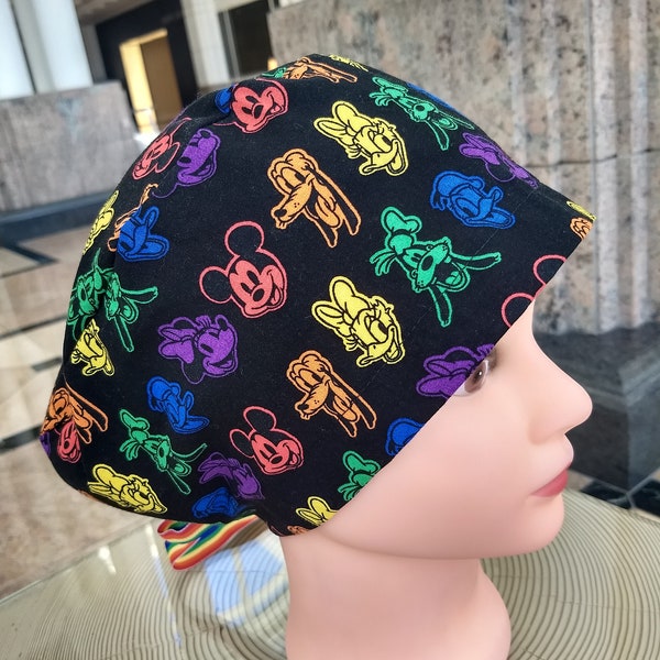 Disney Mickey and Friends PRIDE Rainbow Scrub Cap Euro Style for Women ,Nurses and Doctors with Ribbon Ties or Toggle Cord Lock