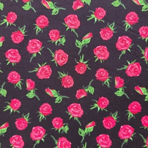 Mini Red Roses on Black  Cotton Fabric