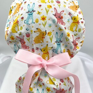 Floral Bunnies Easter Spring Scrub Cap Ponytail Style