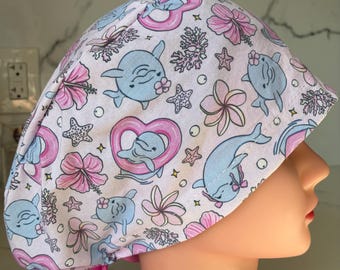 Dolphin and Hibiscus Floral Summer Scrub Cap