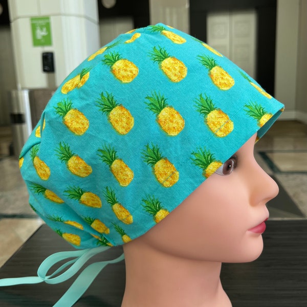 Mini Pineapples Scrub Cap Euro Style for Women, Nurses and Doctors with Ribbon Ties or Toggle Cord Lock